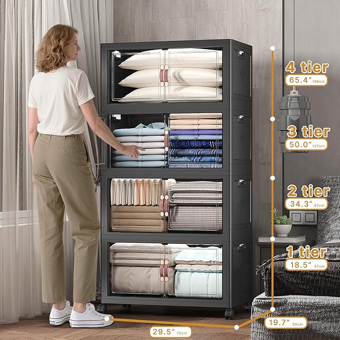 Extra Large Stackable Storage Bins with Lids&Wheels,660QT-165QT/41GAL*4Pack Collapsible Container Closet Organizers,Plastic Stackable Storage drawers for bedroom Dorm