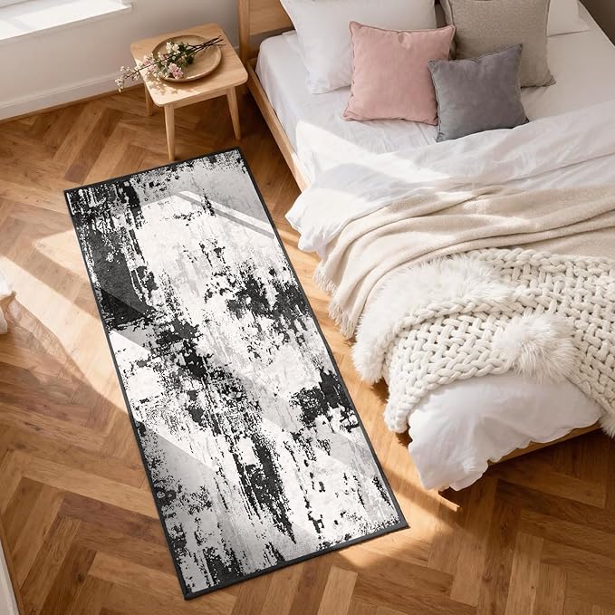 3x12 Long Hallway Runner Rug: Kitchen Rugs Non Slip Washable Low Pile Abstract Rug Runner with Rubber Backing Indoor Stain Resistant Carpet Runners for Bedroom Dining Living Room Black White
