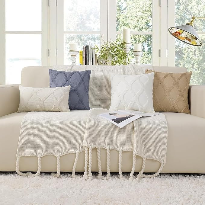 decorUhome Spring Euro Sham Throw Pillow Covers 24x24 Inch Set of 2, Soft Plush Faux Fur Wool Blue Grey Couch Pillow Covers, Decorative Neutral Pillow Cases for Bed Sofa Living Room Home Decor
