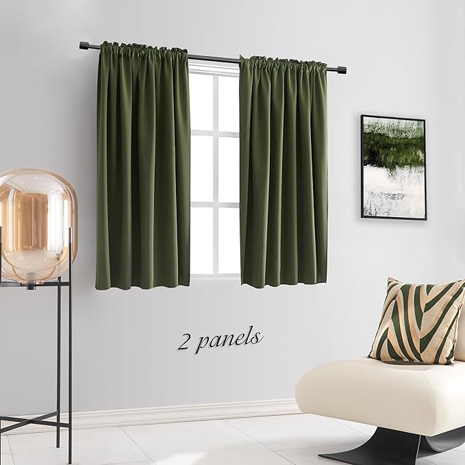 DONREN Olive Green Blackout Curtains 48 Inch Length 2 Panels Set - Rod Pocket Room Darkening Thermal Insulated Curtains & Drapes for Boys Bedroom/Cabin/Loft,W52 x L48 Inches Long