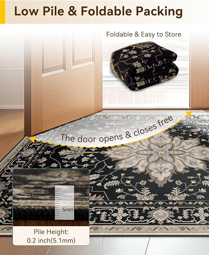 Area Rugs 2'6''x12' Washable Non-Slip, Floral Vintage Distress Print Pattern Medallion Carpet for Living Room Bedroom Dining Room, Black Brown Neutral Dark Tan