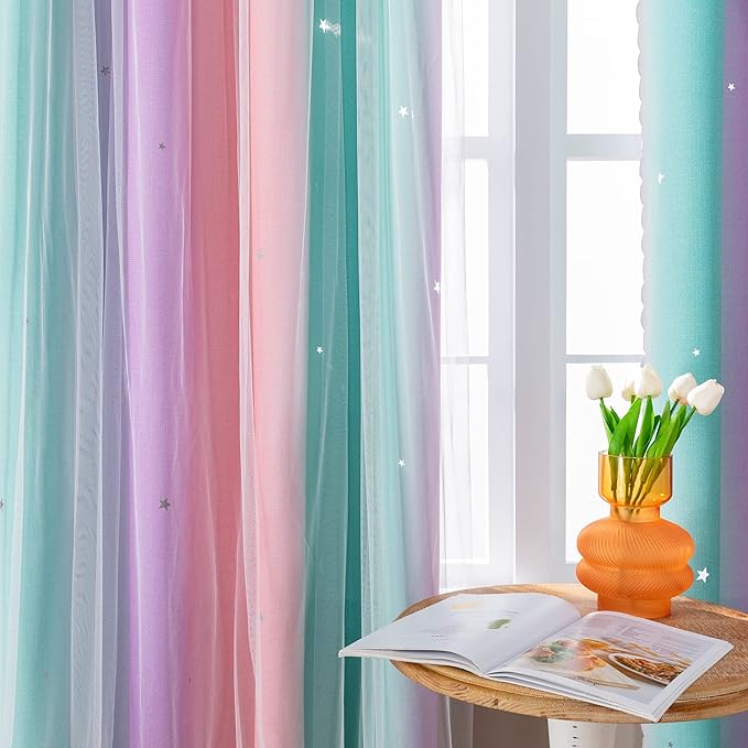 XiDi Dream Star Blackout Curtains for Kids Rooms Girl Princess Curtain for Daughter Bedroom Window (Pink Purple Green, W34 X L84)