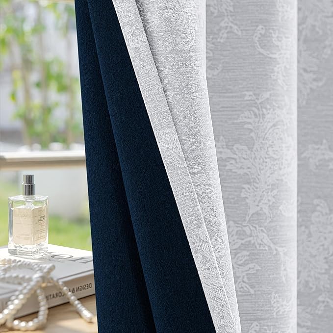 FMFUNCTEX Grey Floral Jacquard Blackout Curtains 90 Inches Long for Bedroom, Scroll Flower Chenille Farmhouse Curtains for Living Room Darkening Thermal Insulated Grommet Window Drapes 2 Panels