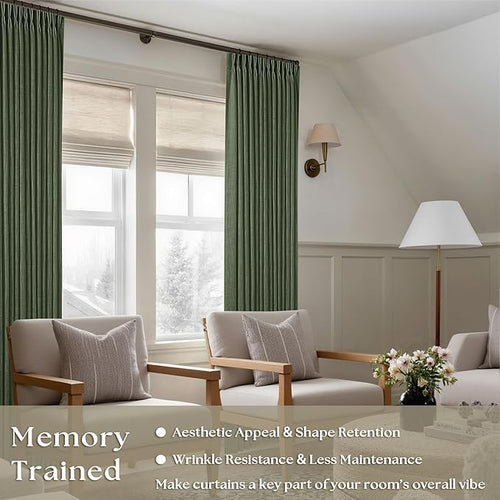 108 Inch Linen Pleated Curtains 2 Panels Set for Living Room Bedroom Farmhouse Cotton Rustic Farmhouse Back Tab Memory Trained Pinch Pleat Window Curtain Olive Green 108 Inch Length for Office 9FT
