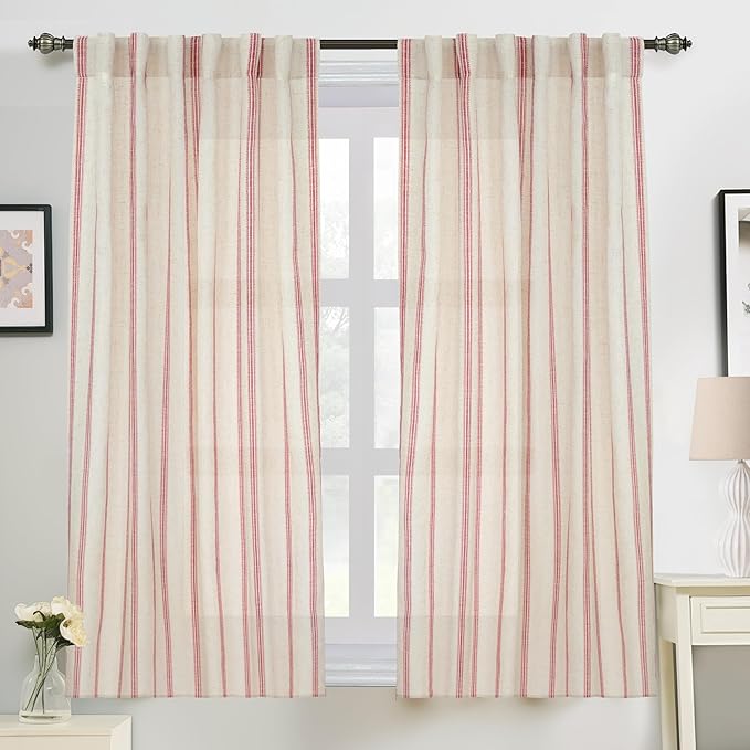 DriftAway Farmhouse Vertical Striped Linen Blend Textured Light Filtering Semi Sheer Curtains for Living Room Bedroom 54 Inches Long Drapes 2 Panels Linen Red