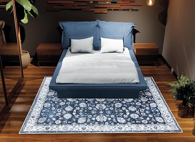 Bloom Rugs Washable Non-Slip 9' x 12' Rug - Dark Blue Traditional Bordered Area Rug for Living Room, Bedroom, Dining Room, and Kitchen - Exact Size: 9' x 12'