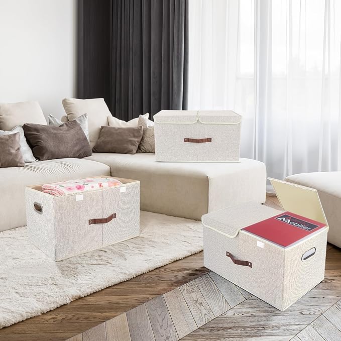 TYEERS Extra Large Collapsible Storage Bins with Lids and Compartments, Washable, Fabric Storage Boxes, 21.7x13x11.8 inches, 1 Pack, Beige