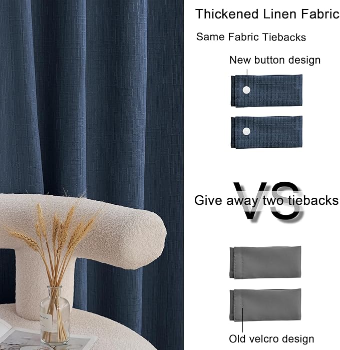 Extra Long Linen Curtains 144 inch Length 2 Panels Thick Faux Linen Blended Window Drapes Burlap Textured Curtains with Grommet for Living Room Farmhouse 12ft (52x144 Navy) Natural