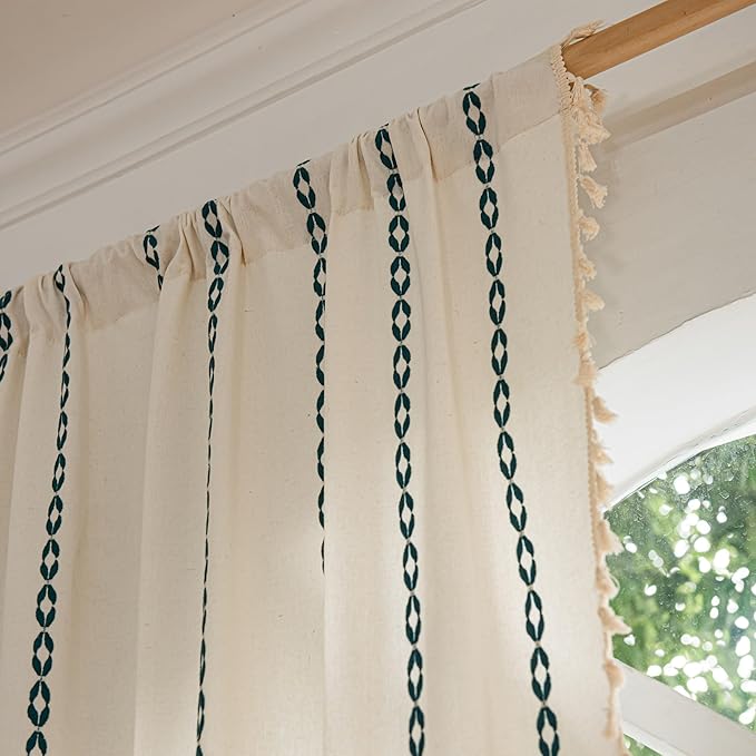 Sutuo Home Boho Farmhouse Curtains 72 Inches Long for Living Room Bedroom Bohemian House Drapes Country Style, Textured Stripe Embroidery Privacy, White and Hunter Green 1 Panel W52 x L72