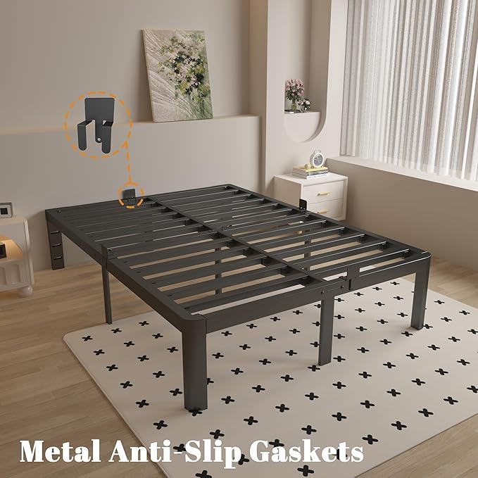 14 Inch Queen Bed Frame with Metal Gaskets, Black Bed Frame Queen Size No Box Spring Needed, Heavy Duty Steel Platform Support, Round Corner Design, Noise Free, Storage Space, Easy Assembly
