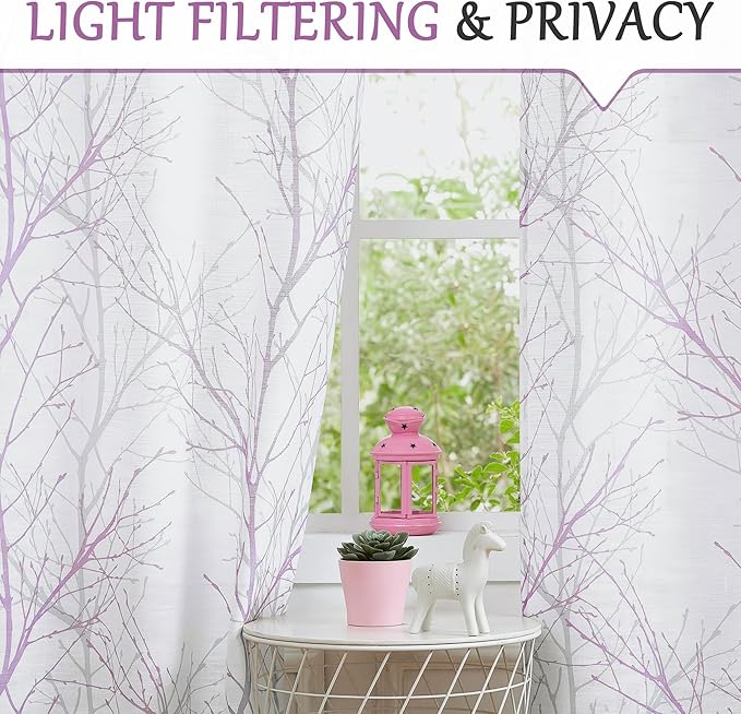 FMFUNCTEX Linen Semi Sheer Curtains for Bedroom, Lilac White Curtains 84 Inches Long for Living Room, Grey Tree Branch Patterned Curtain Light Filtering Farmhouse Window Drapes, Grommet Top 2 Panels