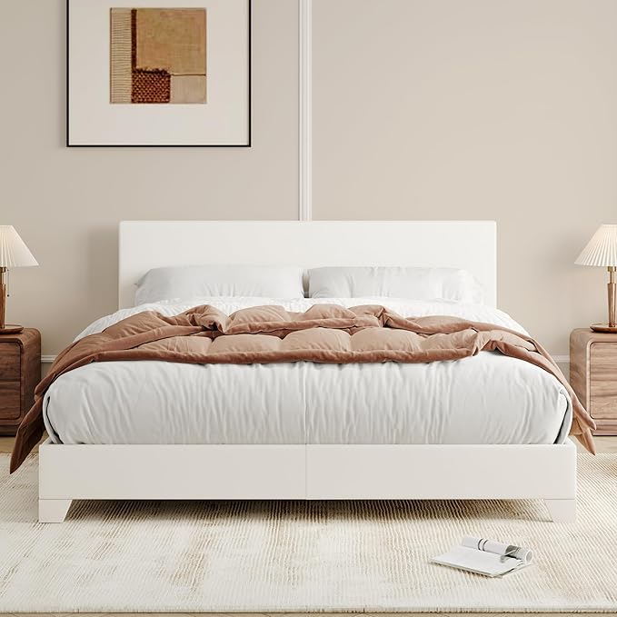 Allewie Full Size Bed Frame with Adjustable Headboard, Faux Leather Platform Bed with Wood Slats, Heavy Duty Mattress Foundation, No Box Spring Needed, Noise-Free, Easy Assembly, White