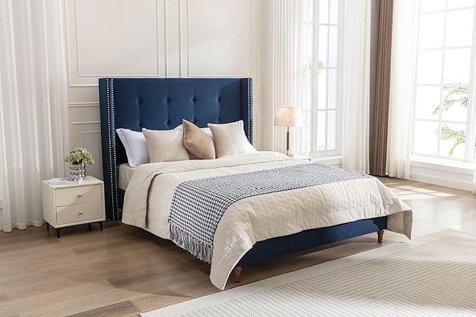Queen Size Upholstered Bed Frame, 54" Tall Headboard Platform Bedframes with Nail Head Decorative Wingback, Hand Buttoned Tufting Headboard Beds/No Box Spring Needed/Minimalism, Blue Velvet