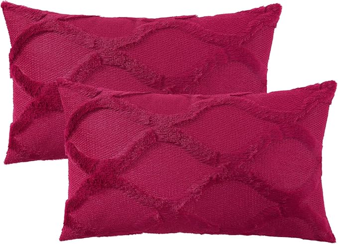 decorUhome Spring Throw Pillow Covers 12x20 Inch Set of 2, Soft Plush Faux Fur Wool Lumbar Burgundy Couch Pillow Covers, Decorative Neutral Pillow Cases for Bed Sofa Living Room Home Decor