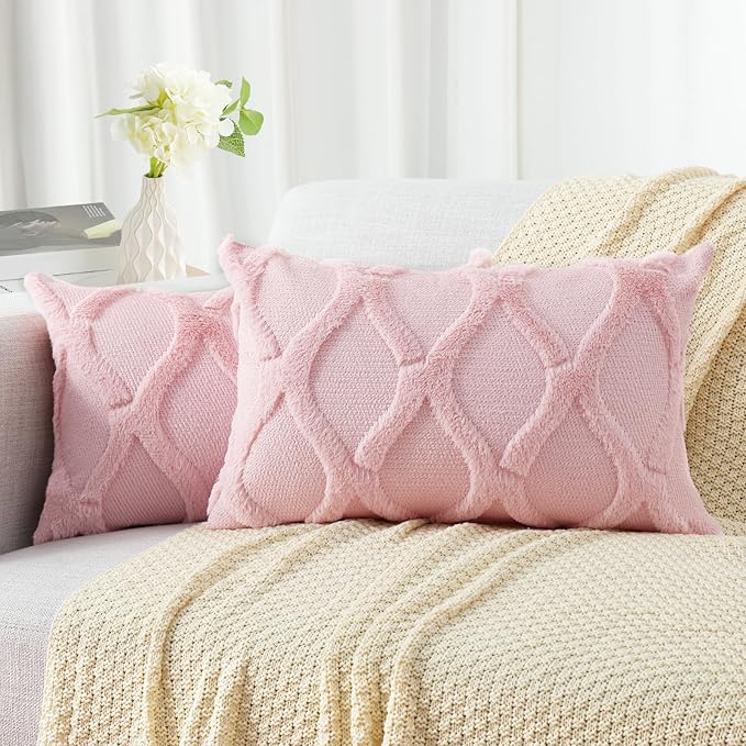 decorUhome Spring Throw Pillow Covers 12x20 Inch Set of 2, Soft Plush Faux Fur Wool Lumbar Light Pink Couch Pillow Covers, Decorative Neutral Pillow Cases for Bed Sofa Living Room Home Decor