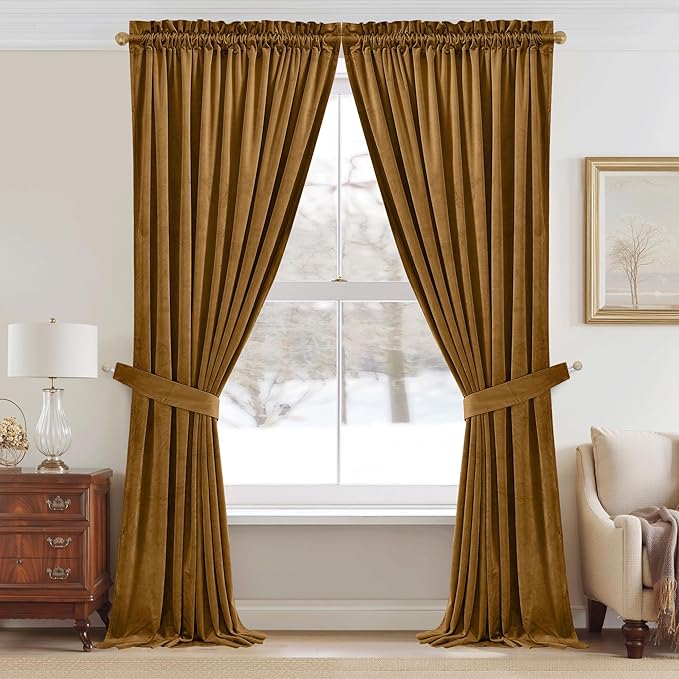 StangH Gold Brown Velvet Curtains 96 inches for Living Room, Room Darkening Thermal Insulated Privacy Drapes for Sliding Door, Vintage Wall Backdrop for Holiday, W52 x L96, 2 Panels
