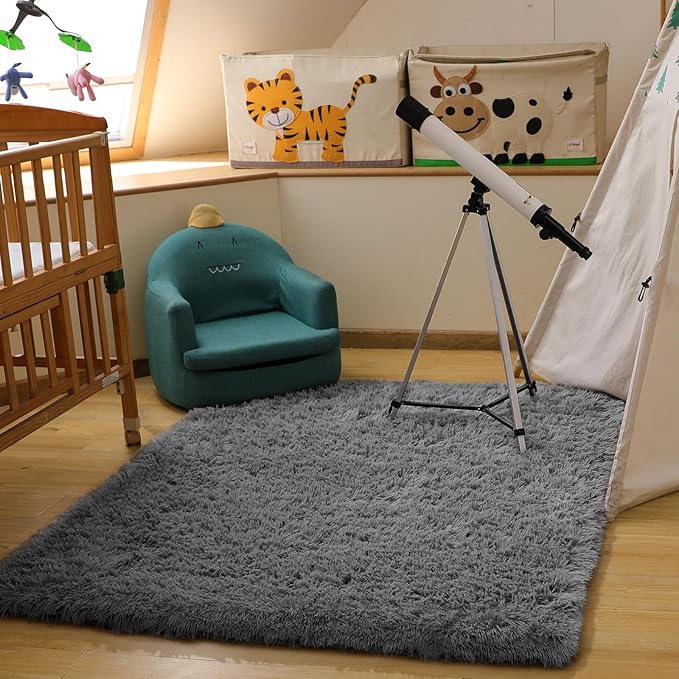 Ophanie Area Rugs for Living Room Bedroom, Upgrade Non-Slip Fluffy Soft Grey Shag Carpet, Indoor Floor Gray 4x6 Fuzzy Shaggy Living Room Plush Rug for Kids Home Dorm Decor Aesthetic