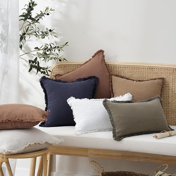 Foindtower Set of 2 Decorative Linen Fringe Throw Pillow Covers Cozy Boho Farmhouse Cushion Cover with Tassels Soft Accent Pillowcase for Couch Sofa Bed Living Room Home Decor,18×18 Inch,White