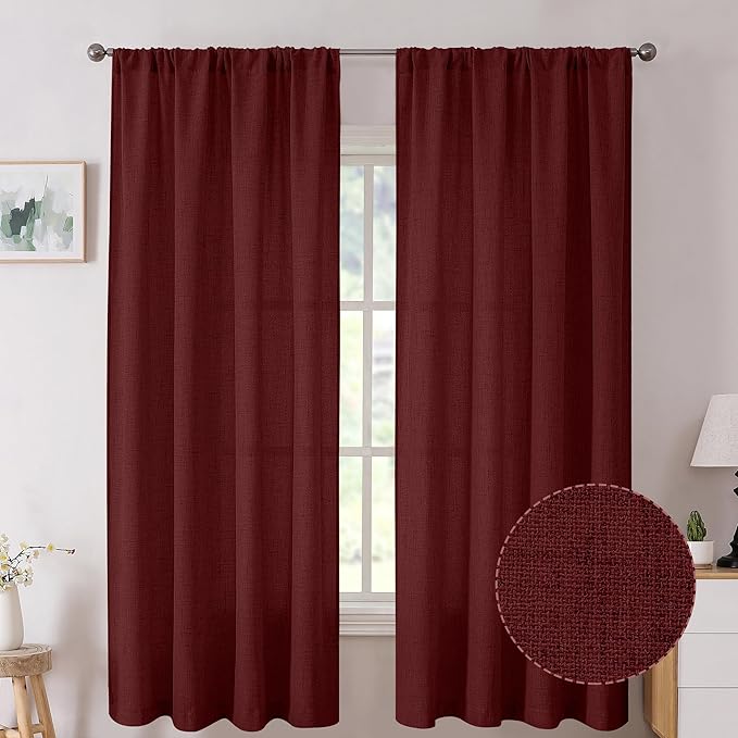 Tollpiz Short Linen Curtain Bedroom Rod Pocket Semi Sheer Curtains Burlap Light Filtering Thick Linen Drape for Living Room, 38 x 54 inches Long, Burgundy Red, Set of 2 Panels