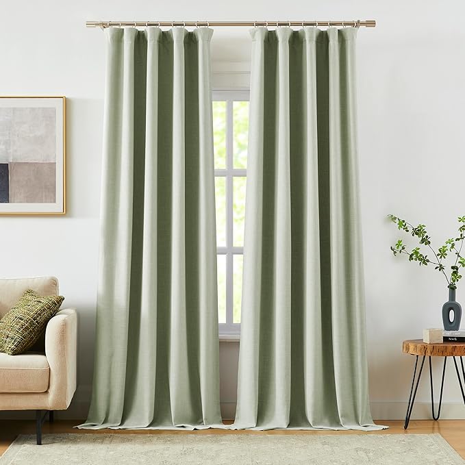 Vision Home Green Linen Full Blackout Curtains 84 inch Length for Bedroom Living Room Darkening Soundproof Window Panels Thermal Insulated Rod Pocket Back Tab Farmhouse Drapes 56" Wx84 Lx2