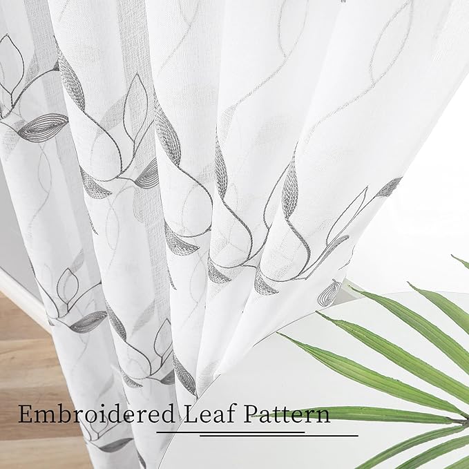 Tollpiz Grey Leaf Sheer Curtains Leaves Embroidered Bedroom Short Curtain Rod Pocket Voile Window Treatment for Living Room, 38 x 54 inches Long, Set of 2 Panels
