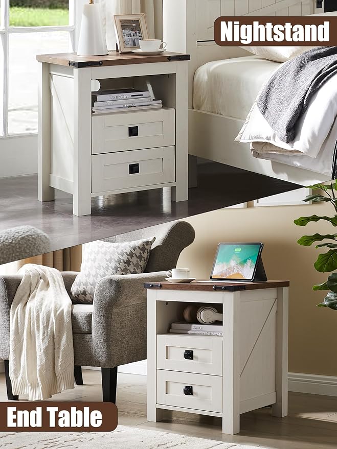 T4TREAM Nightstand with Charging Station, End Table, Side Table with 2 Drawers Storage Cabinet for Bedroom, Living Room, Farmhouse Design, Wood Rustic, Antique White