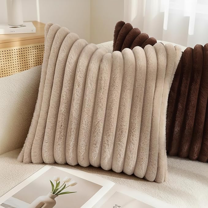 decorUhome Faux Fur Throw Pillow Covers 16x16 Set of 2, Decorative Soft Plush Striped Neutral Couch Euro Pillow Covers with Velvet Back for Sofa, Bed, Living Room Home Decor, Dark Brown