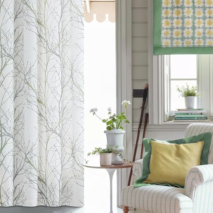 FMFUNCTEX Linen Semi Sheer Curtains for Bedroom, Sage Green White Curtains 54 Inches Long for Living Room, Grey Tree Branch Print Curtain Light Filtering Kitchen Window Drapes, Grommet Top 2 Panels