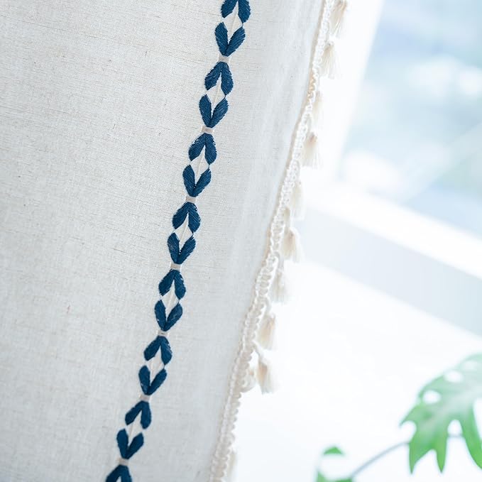 Sutuo Home Boho Curtains 90 inches for Bedroom Living Room, Semi Blackout Farmhouse Vintage Tassels Window Treatment Bohemian Embroidery Drape, Rod Pocket 1 Panel 52" W x 90" L, White and Navy Blue