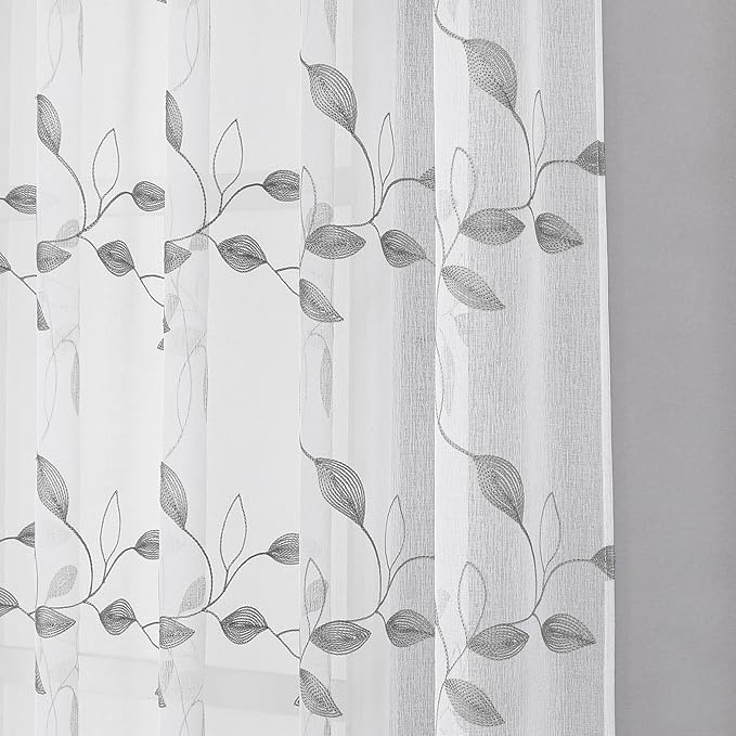 Tollpiz Grey Leaf Sheer Curtain Leaves Embroidered Bedroom Short Curtains Rod Pocket Voile Window Treatments for Living Room, 38 x 45 inches Long, Set of 2 Panels