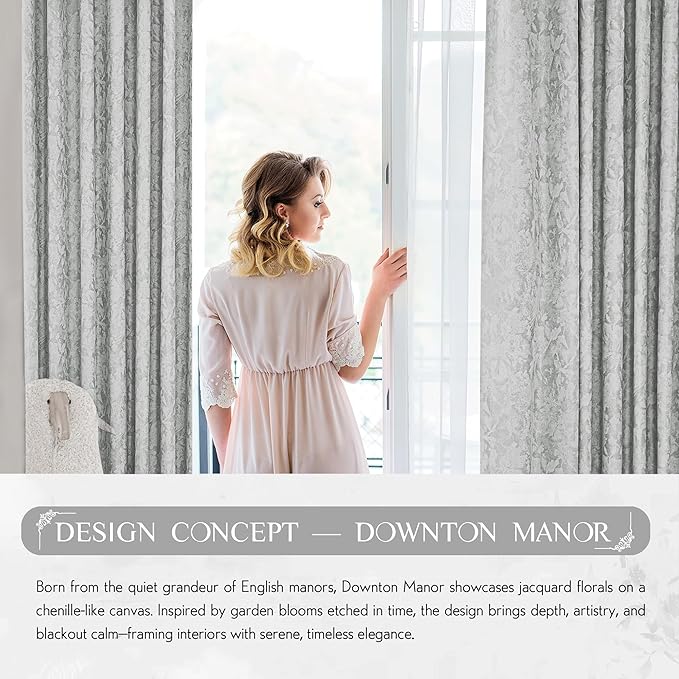 Beauoop Grey Floral Jacquard Blackout Curtains 63 Inches Long 2 Panels for Bedroom Living Room Gray Flower Chenille Room Darkening Thermal Insulated Soundproof Grommet Window Treatments Drapes, 52x63
