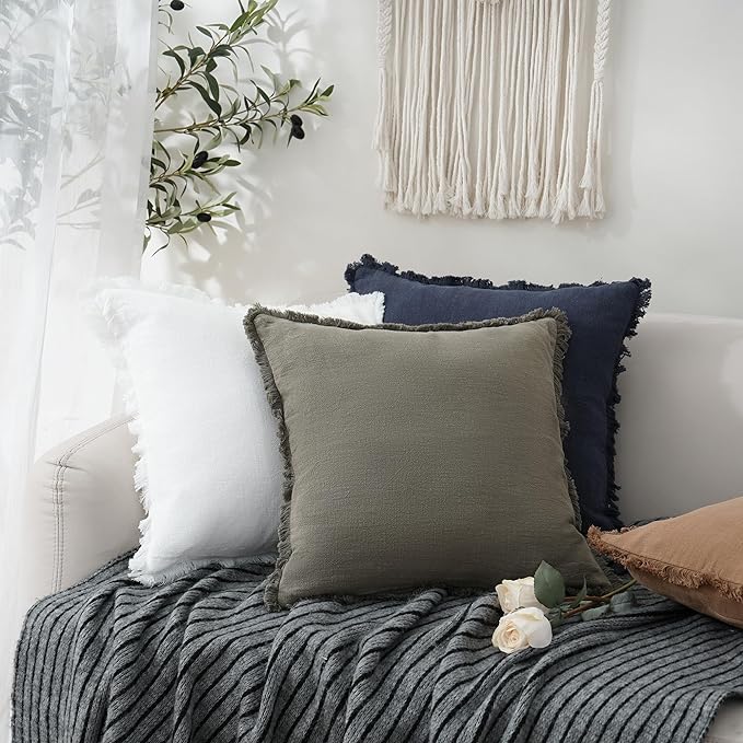 Foindtower Set of 2 Decorative Linen Fringe Throw Pillow Covers Cozy Farmhouse Boho Cushion Cover with Tassels Soft Accent Pillowcase for Couch Sofa Bed Living Room Home Decor 20×20 Inch Navy Blue