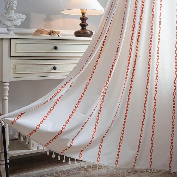 Sutuo Home Boho Curtains 72 inches for Bedroom Living Room, Semi Blackout Embroidery Window Bohemian Tassels Drape for Halloween Festival Decor, Rod Pocket 1 Panel 52" W x 72" L, White and Orange