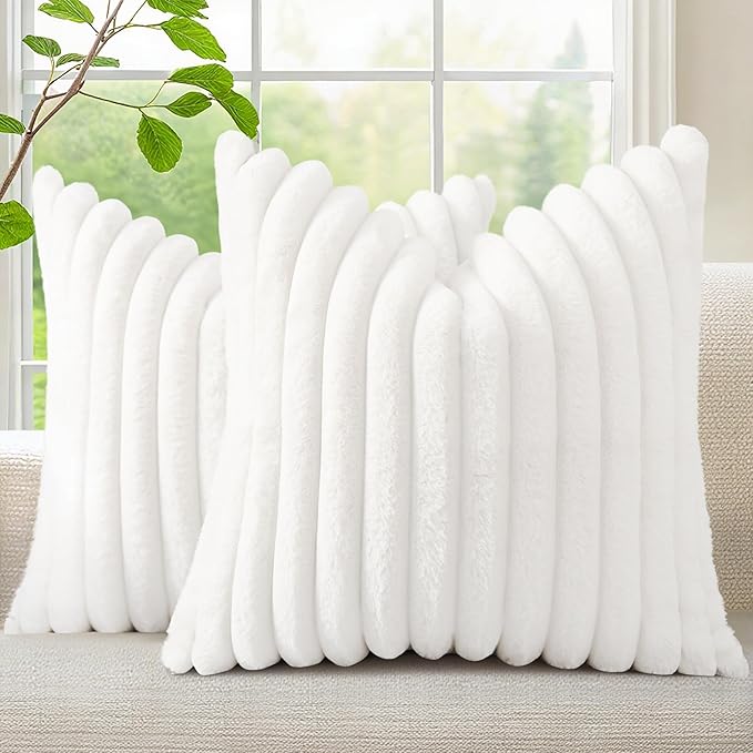 decorUhome Faux Fur Spring Throw Pillow Covers 22x22 Set of 2, Decorative Soft Plush Striped Neutral Couch Euro Sham Pillow Covers with Velvet Back for Sofa, Bed, Living Room Home, White