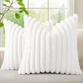 decorUhome Faux Fur Spring Throw Pillow Covers 26x26 Set of 2, Decorative Soft Plush Striped Neutral Couch Euro Sham Pillow Covers with Velvet Back for Sofa, Bed, Living Room Home, White