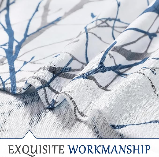 FMFUNCTEX Linen Semi Sheer Curtains for Bedroom, Blue White Curtains 54 Inches Long for Living Room, Grey Tree Branch Patterned Curtain Light Filtering Kitchen Window Drapes, Grommet Top 2 Panels