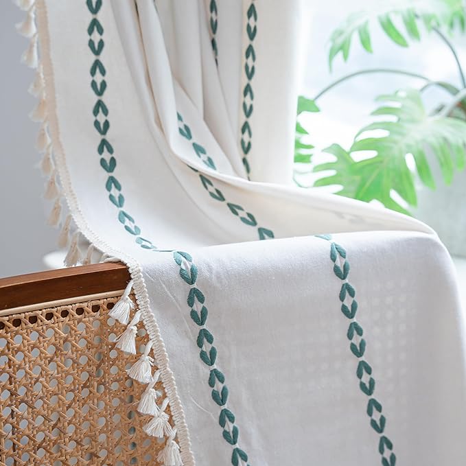 Sutuo Home Boho Curtains 90 inches for Bedroom Living Room, Semi Blackout Farmhouse Tassels Vintage Privacy Bohemian Embroidery Drape, Rod Pocket 1 Panel 52" W x 90" L, White and Emerald Green