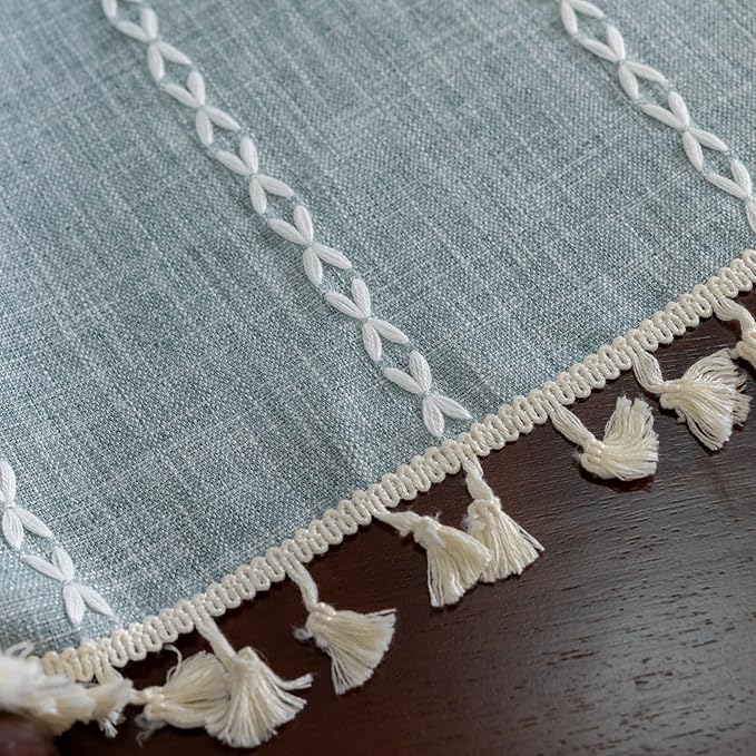 Sutuo Home Boho Linen Curtains Valance for Windows Tiers, Bohemian Short Curtains Light Filtering Country Vintage Tassels Window Treatment Long Stripes, Rod Pocket 1 Panel 52" W x 18" L, Greyish Blue