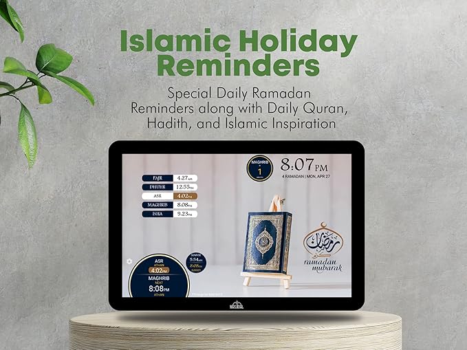 Masjidal 8" Digital Azan Clock with WiFi, Dynamic Touch Screen, Worldwide Prayer Times, Full Quran Player, Islamic Art, Streaming Halal Muslim Content: Duas, Dhikr, Hadith, Verse of The Day, Black