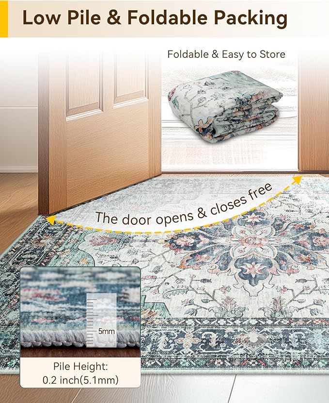 Area Rugs 2'x5' Washable Non-Slip, Floral Vintage Distress Print Pattern Medallion Carpet for Living Room Bedroom Dining Room, Green Navy Blue White Red Teal Colorful