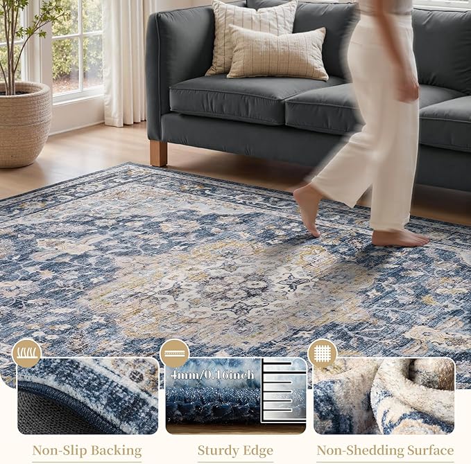 PADOOR 5X7 Area Rug,Rugs for Living Room,Soft Blue Rugs for Bedroom,Machine Washable Rug Non Slip Carpet for Dining Room Living Room Bedside Office