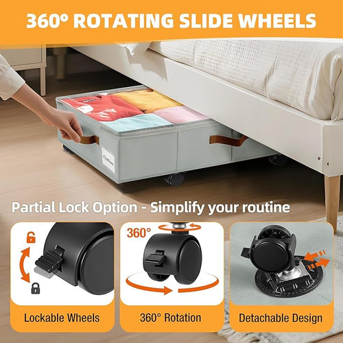 2 Pack Under Bed Storage with Wheels – 30.5×17×5.5 Inch, Underbed Storage with Sturdy Sidewalls/Bottom, Clear Cover, Label and PU Handle, Rolling Under Bed Drawers for Clothes, Shoes, Toys, Blankets