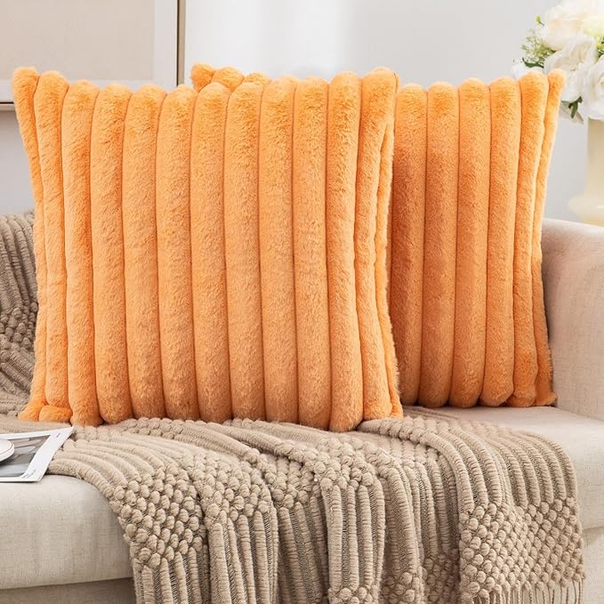 ZLINA Set of 2 Orange Faux Fur Decorative Throw Pillow Covers Fluffy Striped Pillowcase Cushion Covers 16 x 16 Inch Decor Sofa Couch Bedroom