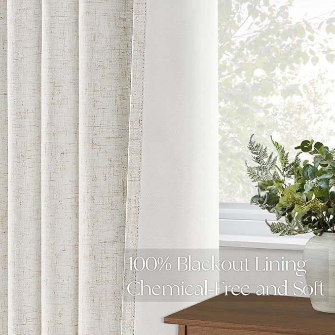 Topfinel 63 Inch Length Blackout Linen Curtains, Pinch Pleat Back Tab Pleated Farmhouse Short Room Darkening Uv Blocking Cute Curtains for Small Window Bedroom Nursery with Clips, Ivory Off White