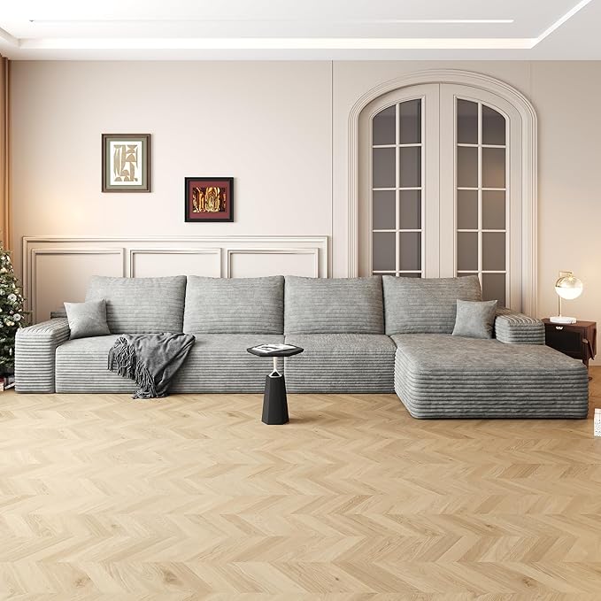 136" Sectional Couches for Living Room Modern Modular Sofa with L-Shape Couchs Upholstered Boneless Couch Deep Seat Sectional Couch with Chaise (Grey, Right Facing Chaise+3Seaters)