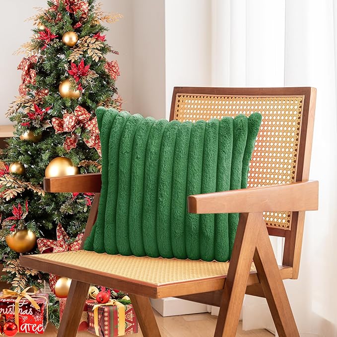 Christmas Dark Green Faux Fur Plush Throw Pillow Covers 24x24 Set of 2 Fuzzy Striped Soft Cozy Pillowcase Luxury Decorative Pillows Square Fluffy Cushion Covers for Couch Sofa Bed