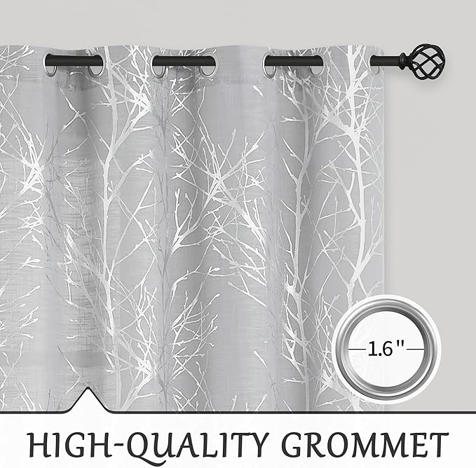 FMFUNCTEX Linen Semi Sheer Curtains for Bedroom & Living Room, Silver Metallic Print Grey Tree Panel, Light Filtering, 96 Inches Long, 2 Panels