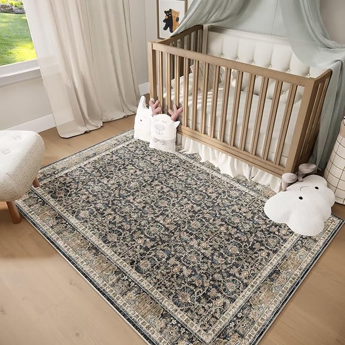 Washable 4x6 Rugs for Living Room, Boho Non-Slip Vintage Distress Small Rugs for Bedroom Nursery Office, 0.3" Neutral Oriental Throw Thin Carpet with Cushioning Pad,Black/Brown/Blue/Multi