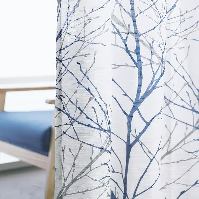 FMFUNCTEX Linen Semi Sheer Curtains for Bedroom, Blue White Curtains 54 Inches Long for Living Room, Grey Tree Branch Patterned Curtain Light Filtering Kitchen Window Drapes, Grommet Top 2 Panels