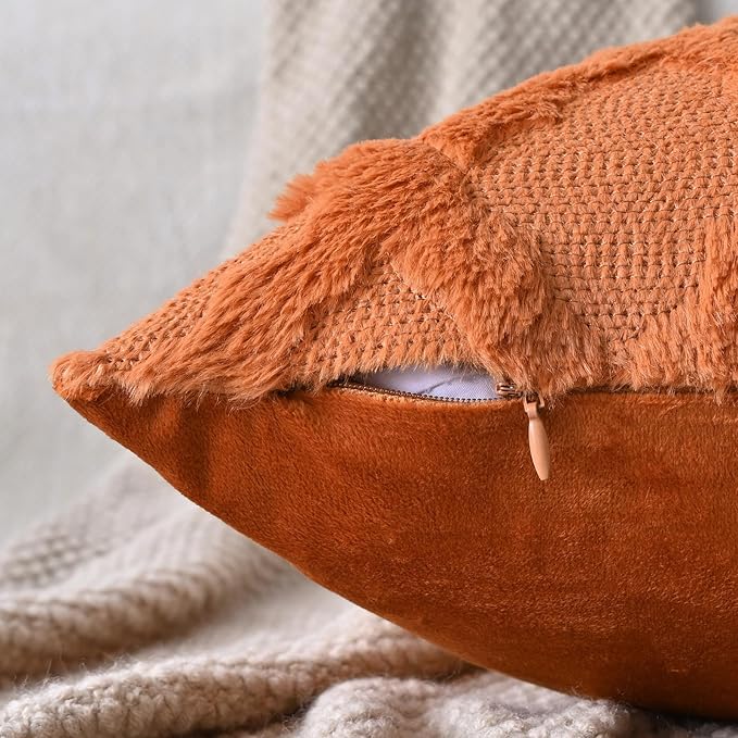 Set of 2 Soft Moroccan Throw Pillow Covers 18x18 Inch Plush Boho Decorative Pillow Cover Accent Cushion Case for Couch Sofa Bed, Burnt Orange